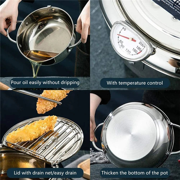 Japanese Deep Frying Pot with a Thermometer and a Lid 304 Stainless Steel Kitchen Tempura Fryer Pan 20 24 cm