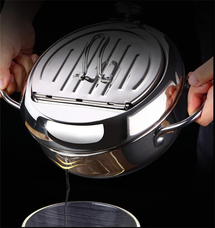 Japanese Deep Frying Pot with a Thermometer and a Lid 304 Stainless Steel Kitchen Tempura Fryer Pan 20 24 cm