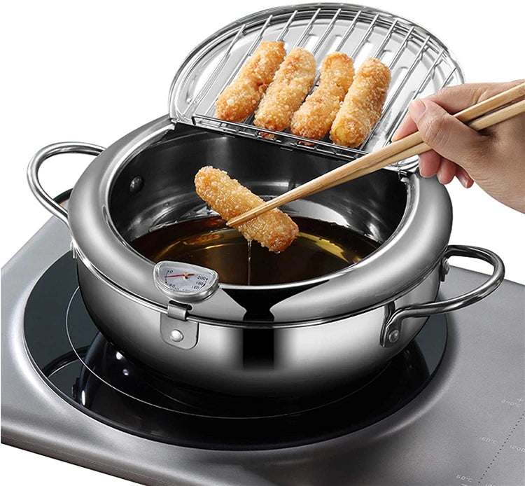 Japanese Deep Frying Pot with a Thermometer and a Lid 304 Stainless Steel Kitchen Tempura Fryer Pan 20 24 cm